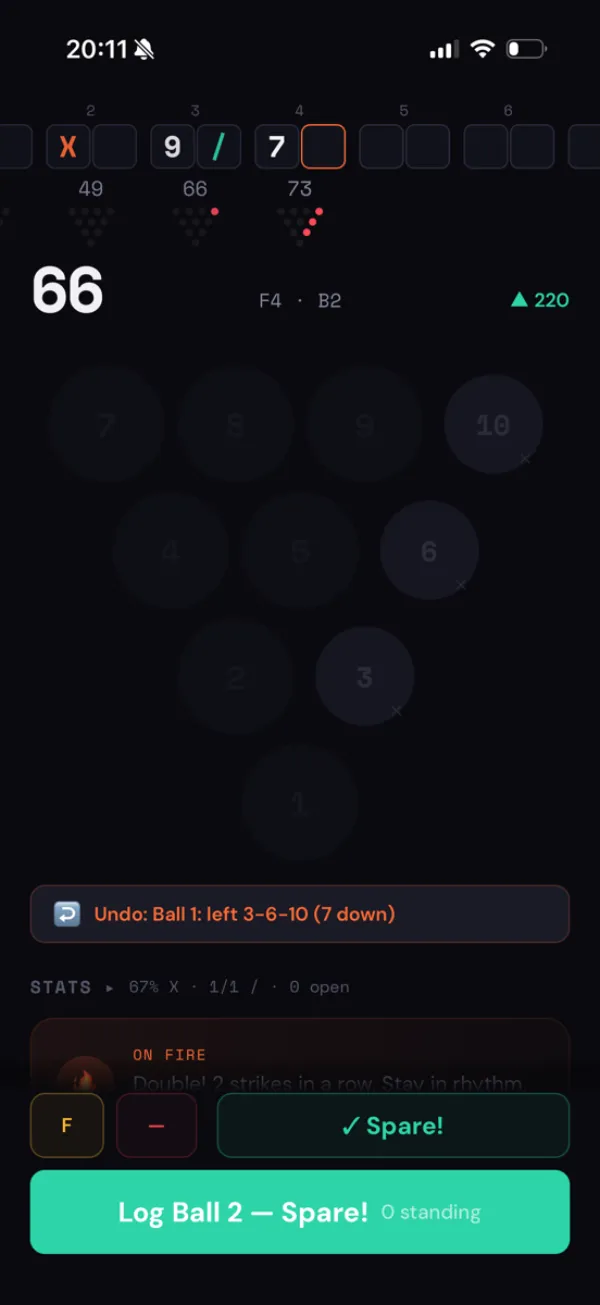 Bowly pin-by-pin input showing spare conversion in progress