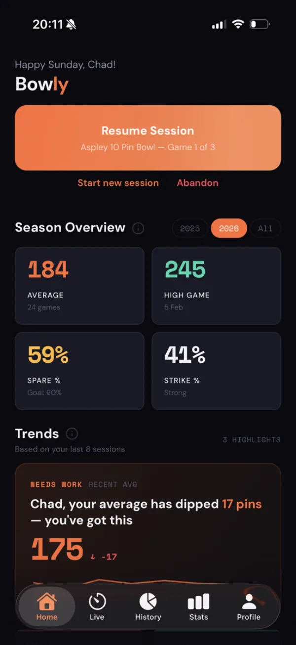 Bowly home screen showing season stats and coaching insights